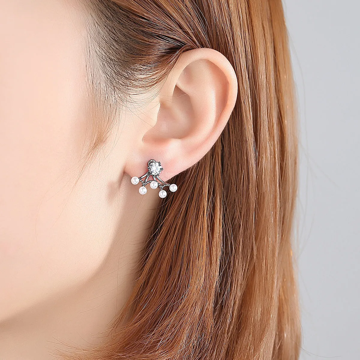 Cubic Zirconia & Pearl Black-Tone Ear Jackets