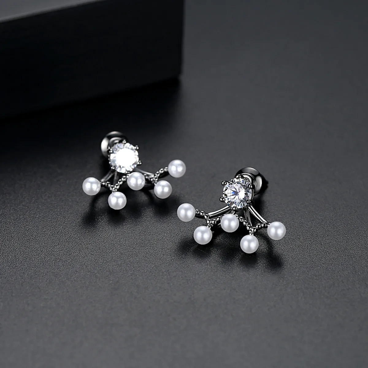 Cubic Zirconia & Pearl Black-Tone Ear Jackets