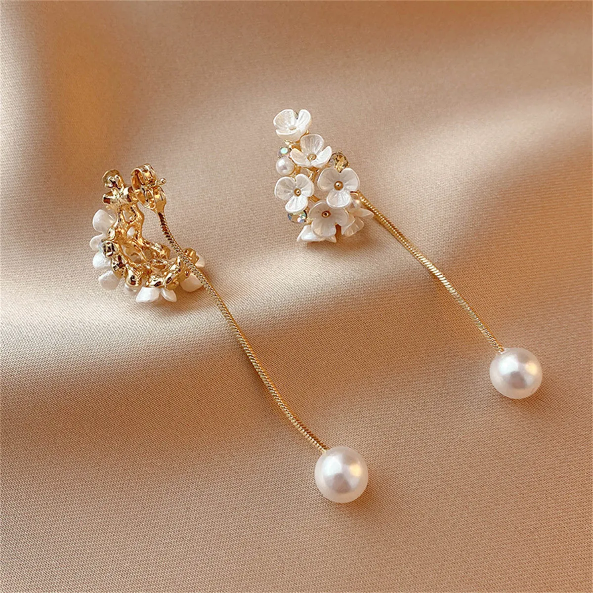 Cubic Zirconia & Pearl Flower Tassel Ear Jackets