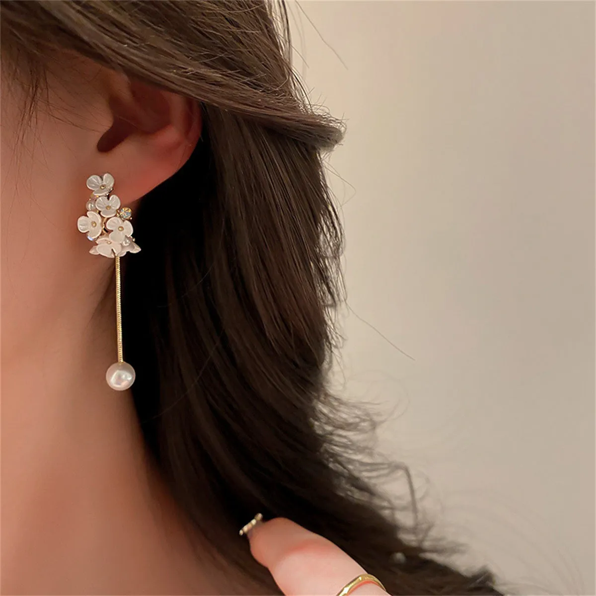 Cubic Zirconia & Pearl Flower Tassel Ear Jackets