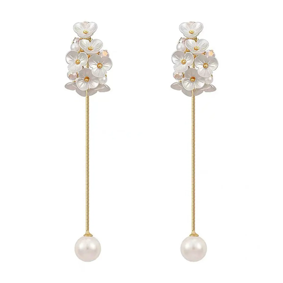 Cubic Zirconia & Pearl Flower Tassel Ear Jackets