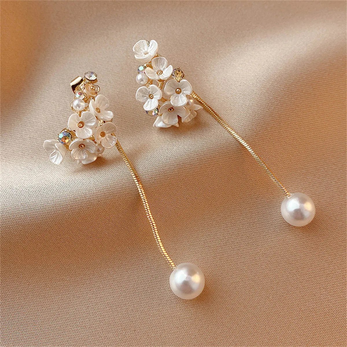 Cubic Zirconia & Pearl Flower Tassel Ear Jackets