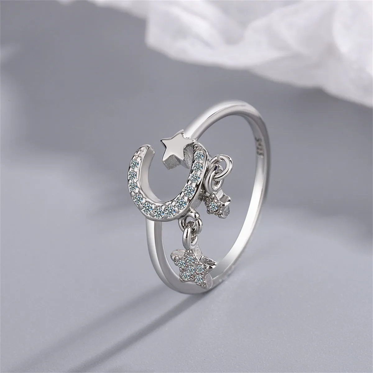 Cubic Zirconia & Silver-Plated Celestial Star Tassel Open Ring
