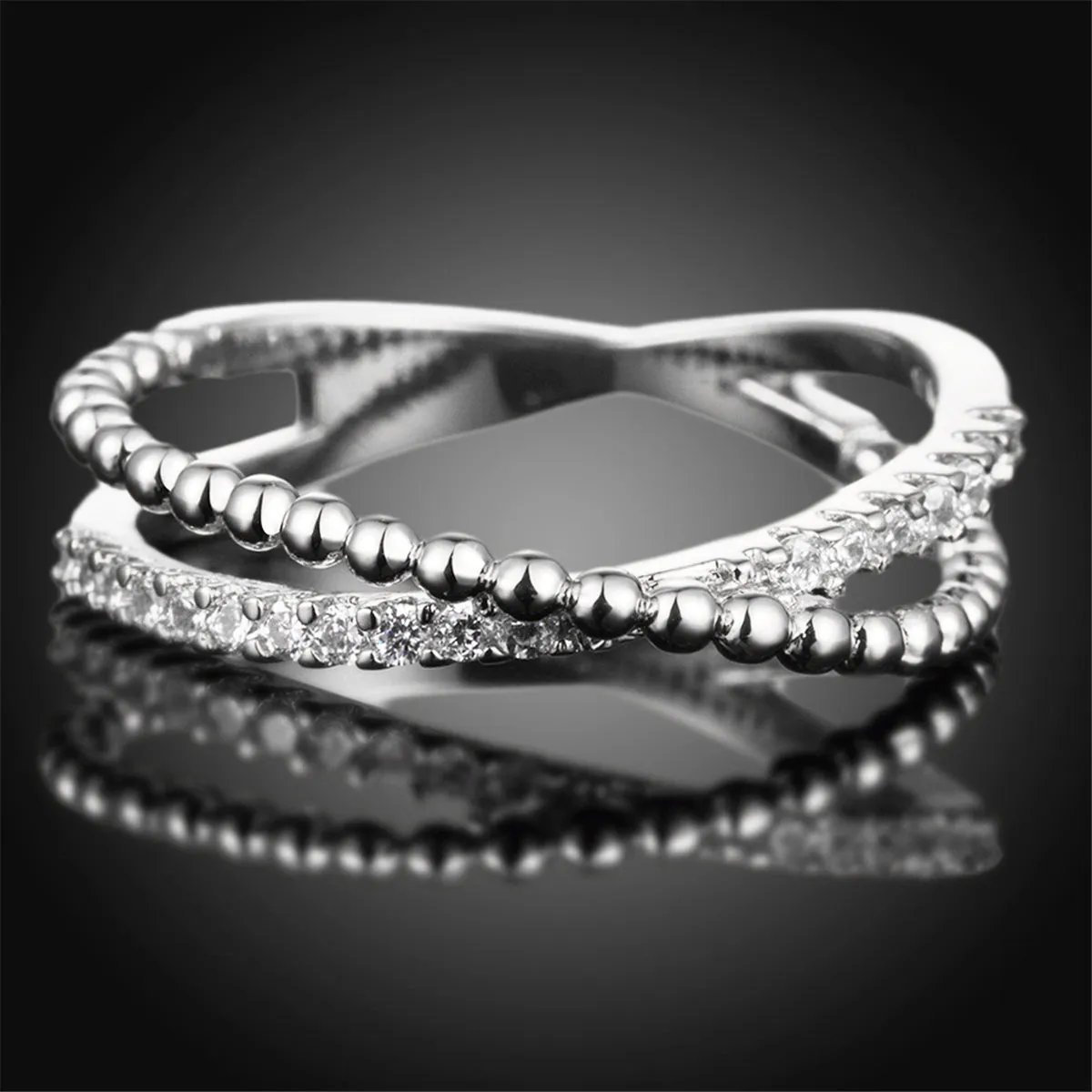 Cubic Zirconia & Silver-Plated Crossed Line Ring