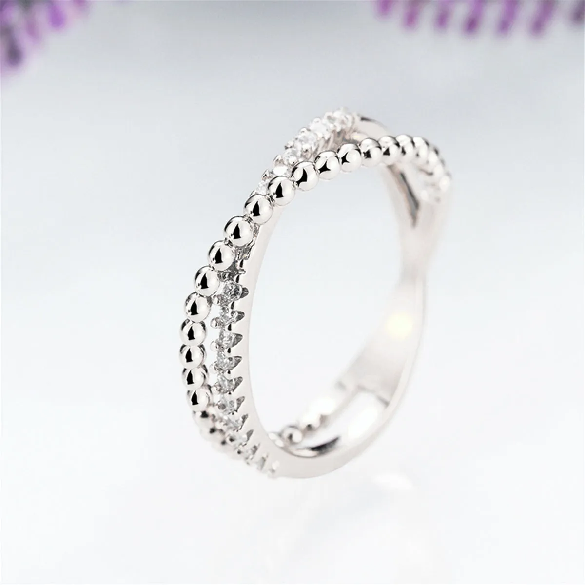 Cubic Zirconia & Silver-Plated Crossed Line Ring