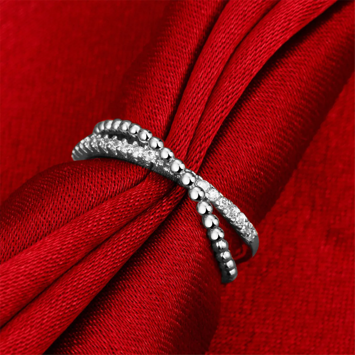 Cubic Zirconia & Silver-Plated Crossed Line Ring