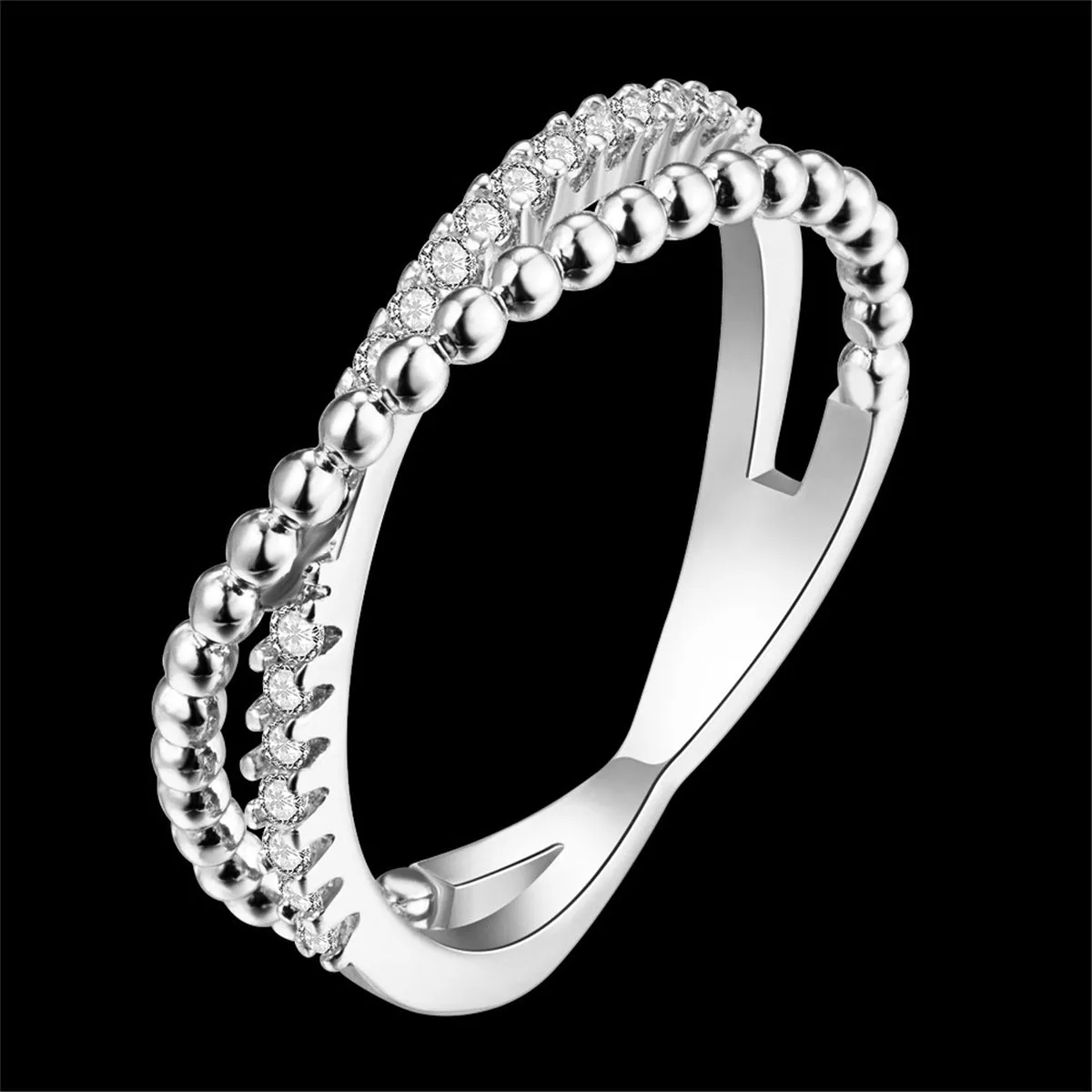 Cubic Zirconia & Silver-Plated Crossed Line Ring