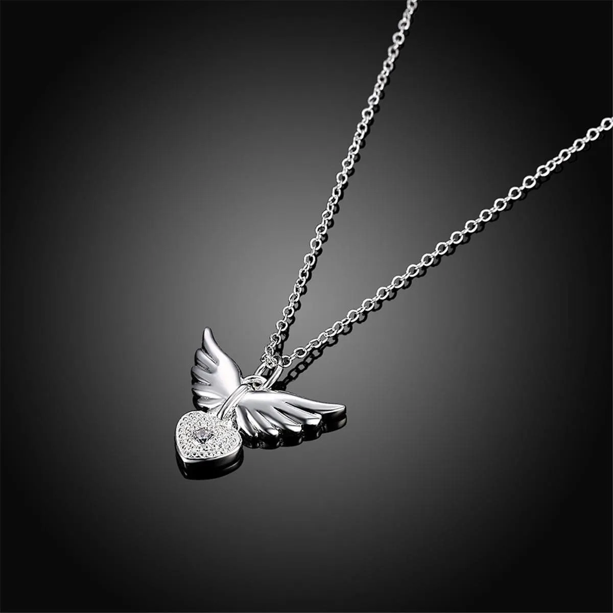 Cubic Zirconia & Silver-Plated Flying Heart Pendant Necklace