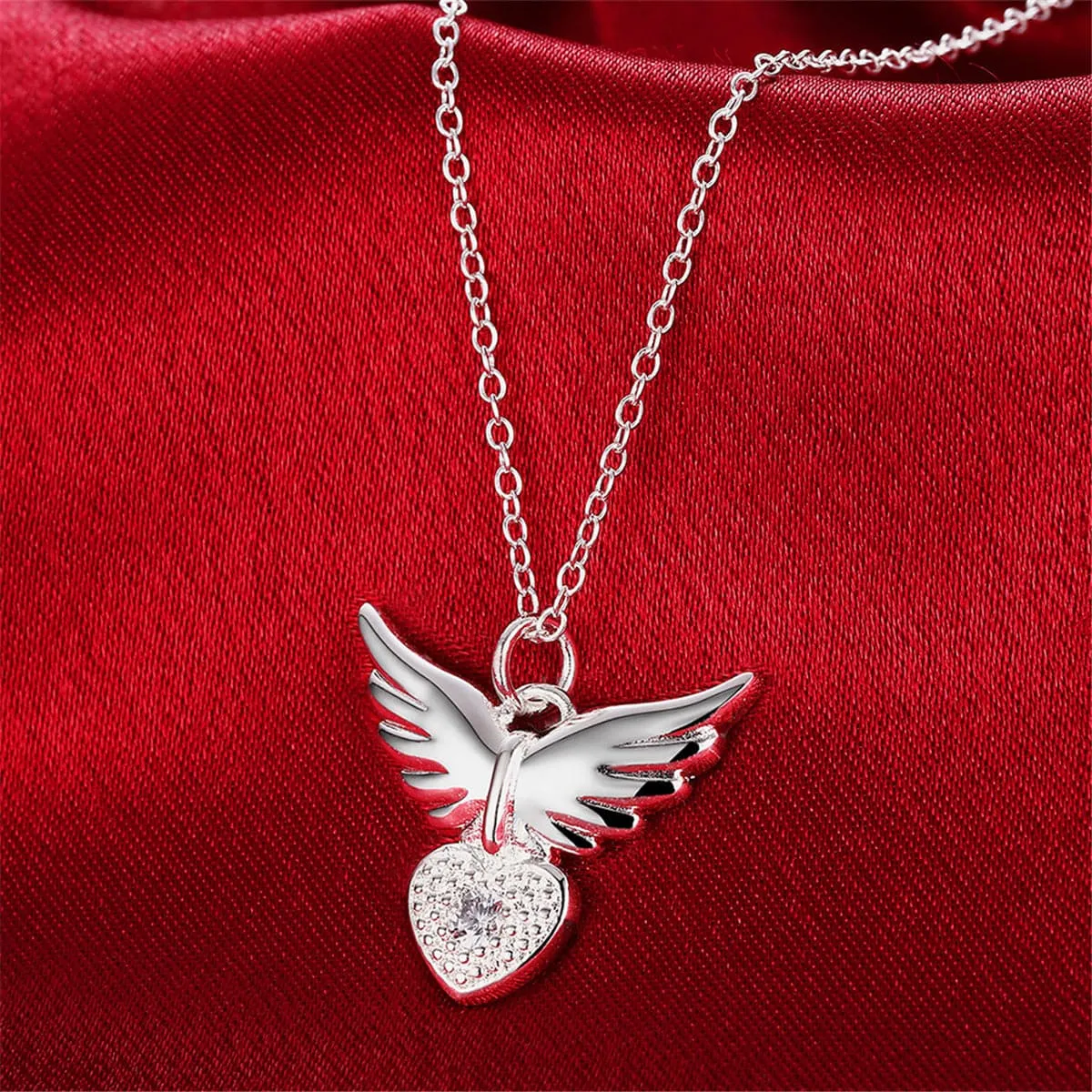 Cubic Zirconia & Silver-Plated Flying Heart Pendant Necklace