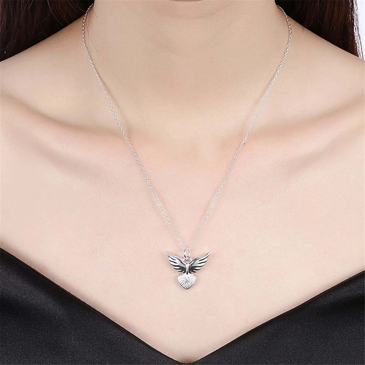 Cubic Zirconia & Silver-Plated Flying Heart Pendant Necklace
