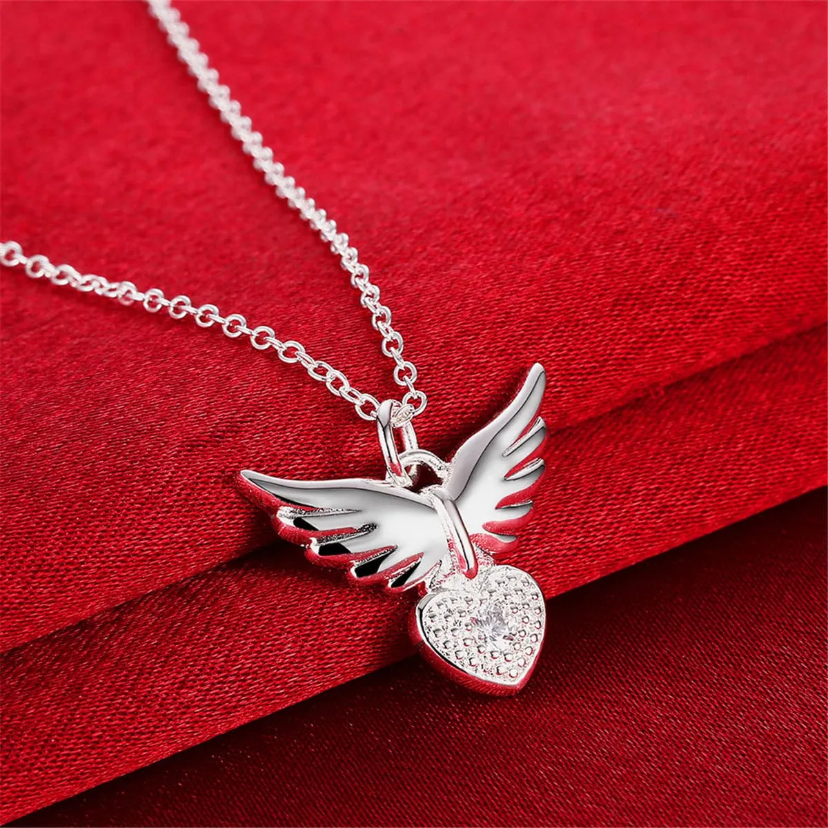 Cubic Zirconia & Silver-Plated Flying Heart Pendant Necklace