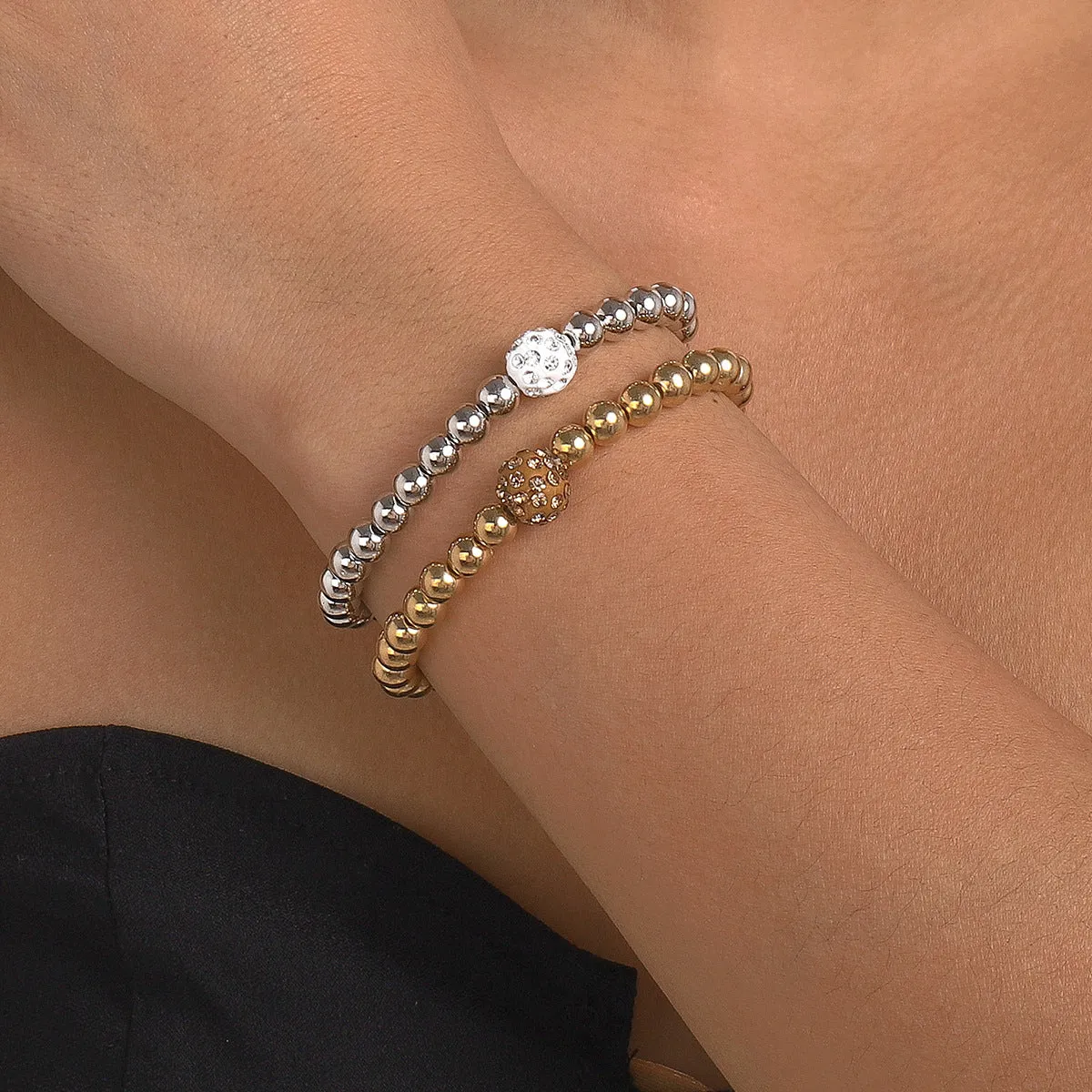 Cubic Zirconia & Two Tone Beaded Stretch Bracelet Set