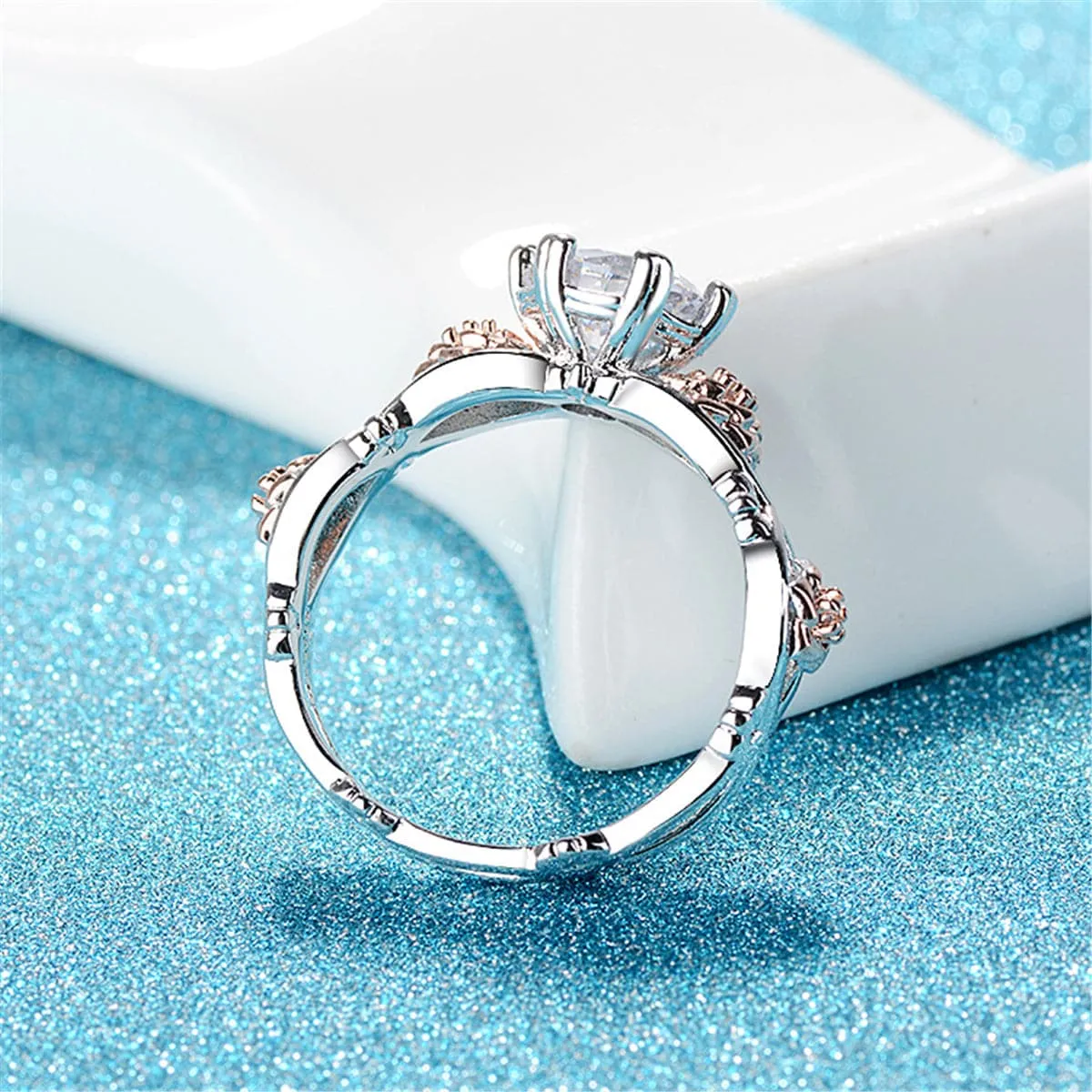 Cubic Zirconia & Two-Tone Flower Band Ring Set