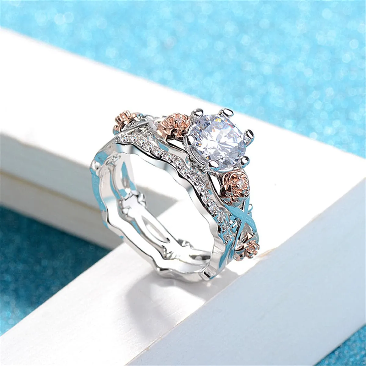 Cubic Zirconia & Two-Tone Flower Band Ring Set