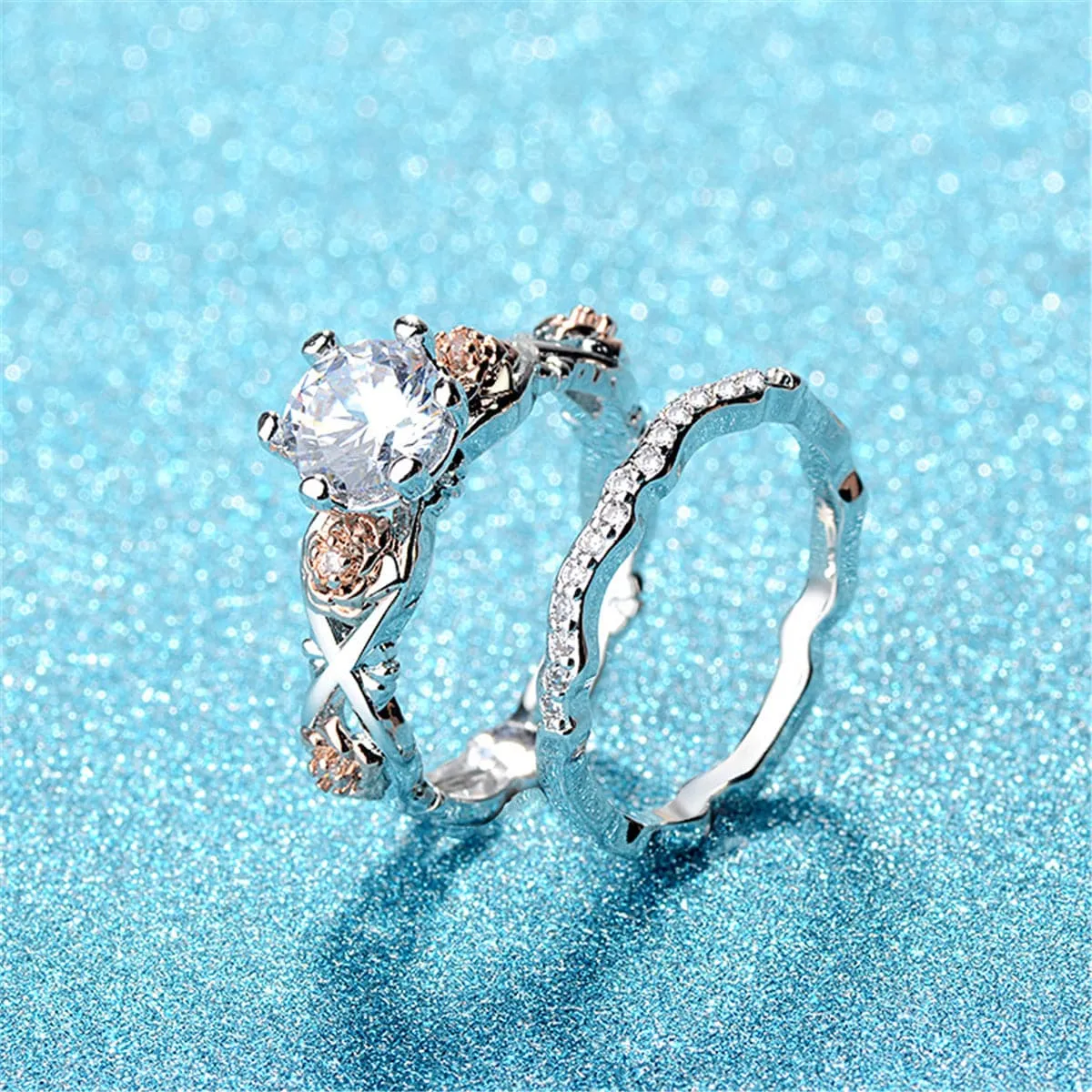 Cubic Zirconia & Two-Tone Flower Band Ring Set