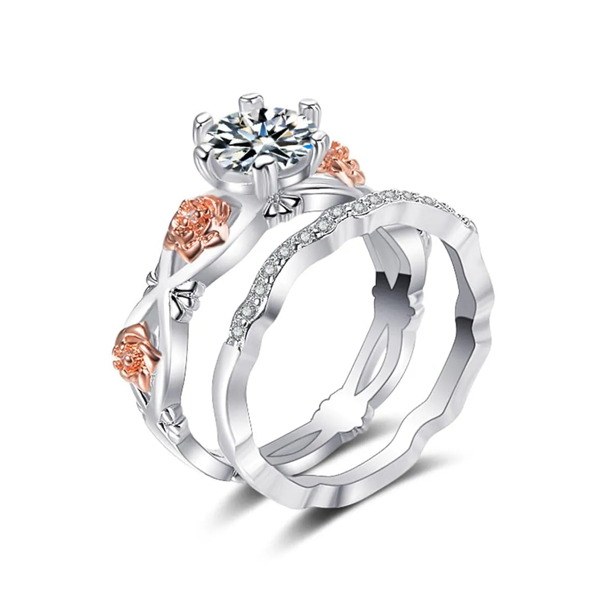 Cubic Zirconia & Two-Tone Flower Band Ring Set