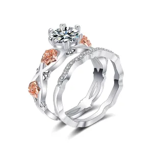 Cubic Zirconia & Two-Tone Flower Band Ring Set