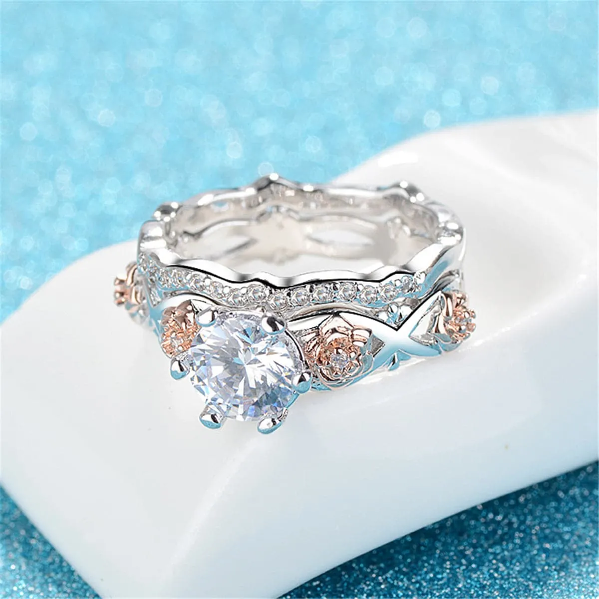 Cubic Zirconia & Two-Tone Flower Band Ring Set