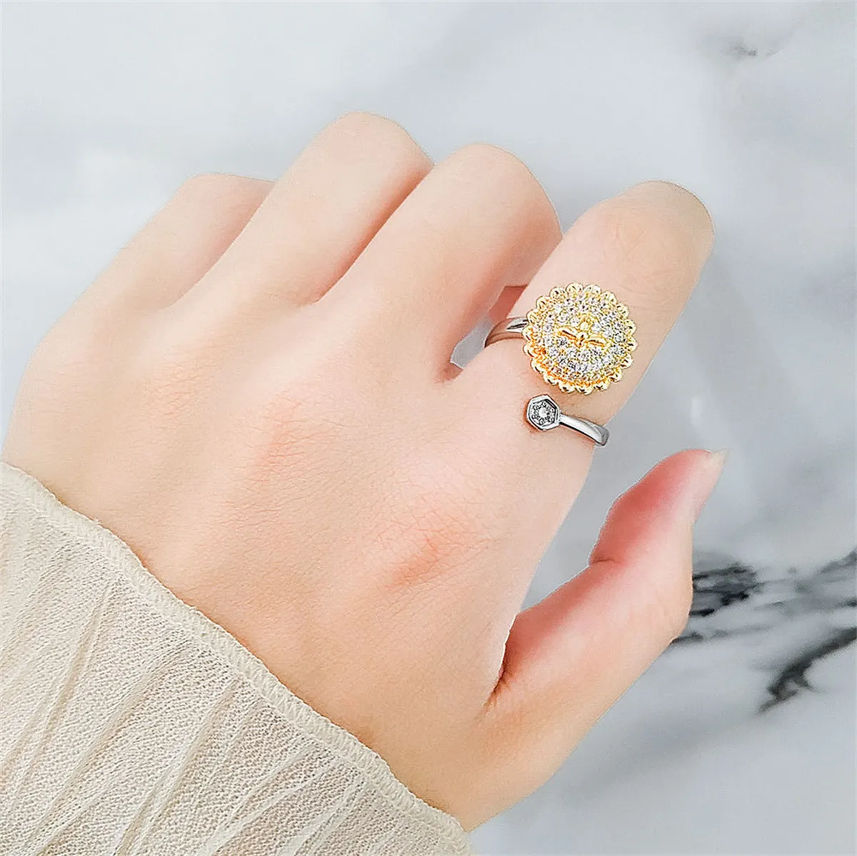 Cubic Zirconia & Two Tone Rotating Sunflower & Bee Bypass Ring
