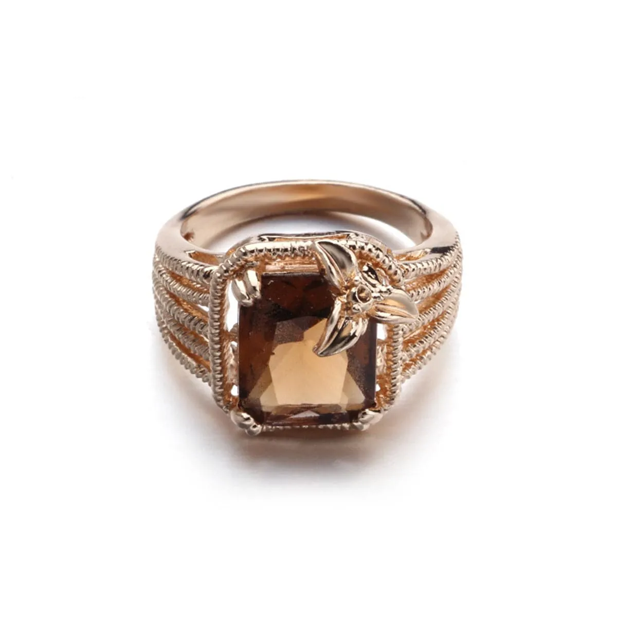Dark Champagne Crystal & 18K Rose Gold-Plated Cushion-Cut Ring