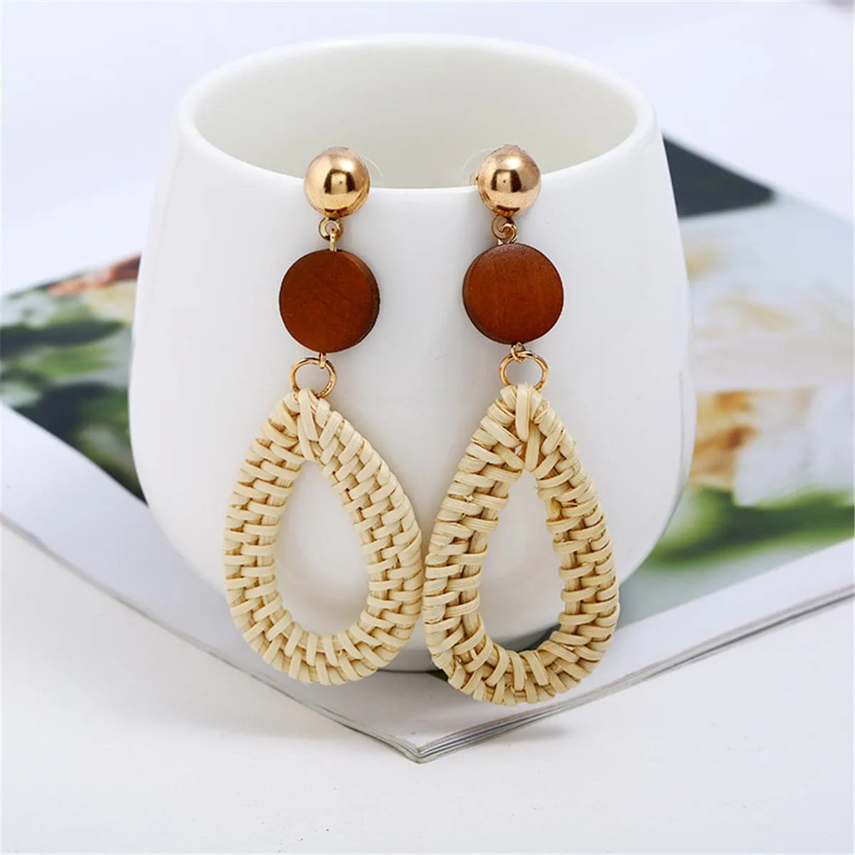 Dark Wood & Light Rattan Teardrop Earrings