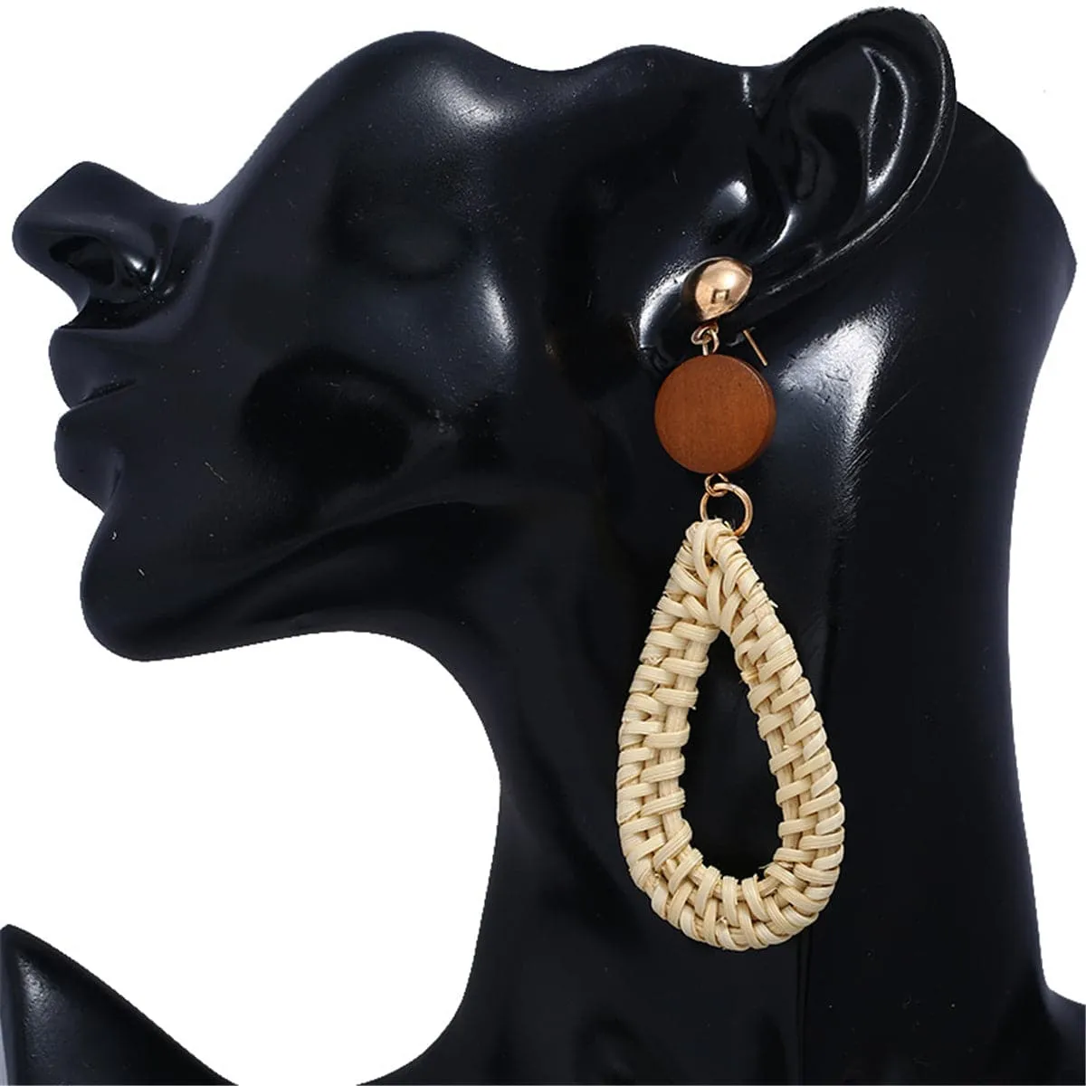 Dark Wood & Light Rattan Teardrop Earrings