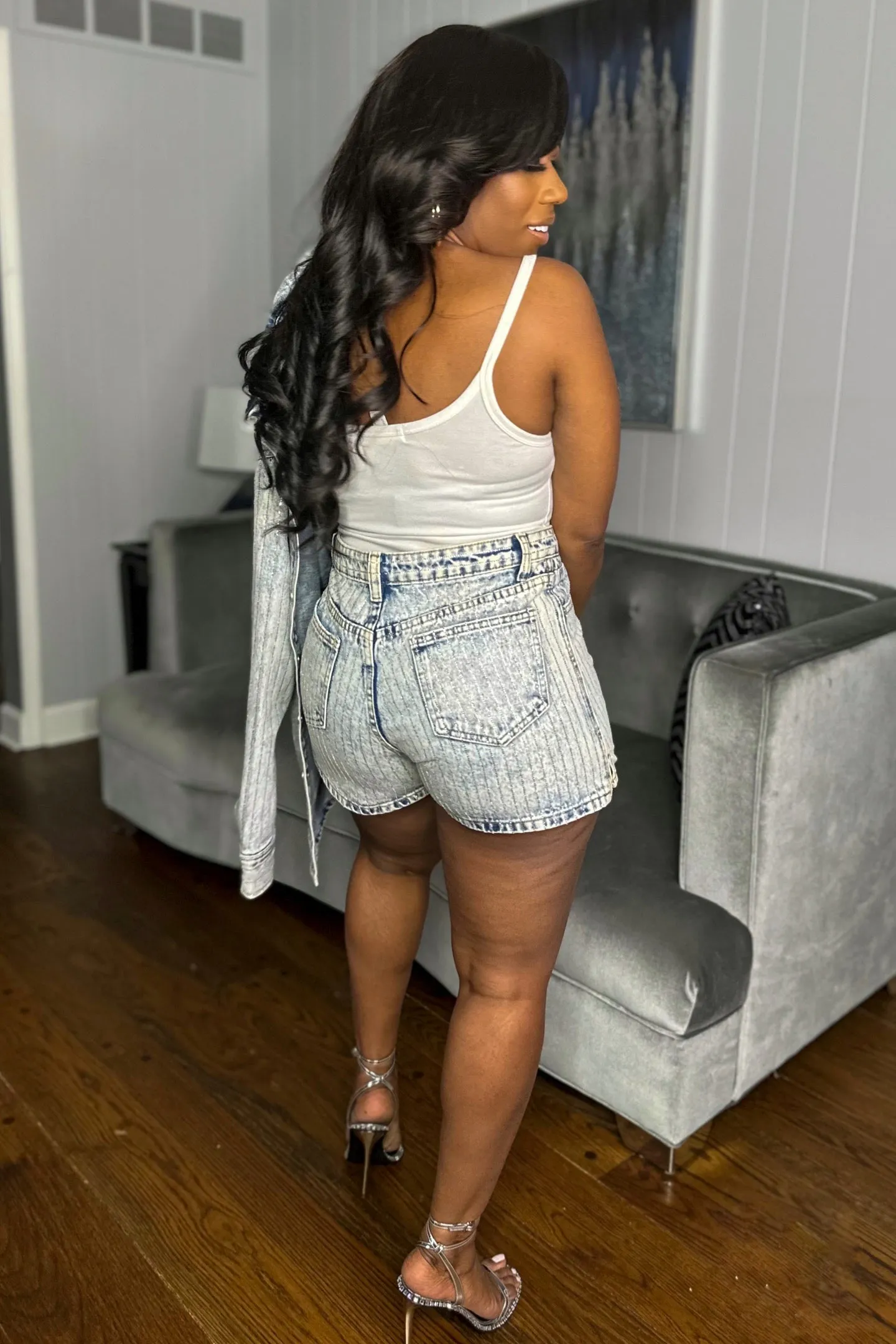 DENIM RHINESTONE SHORTS
