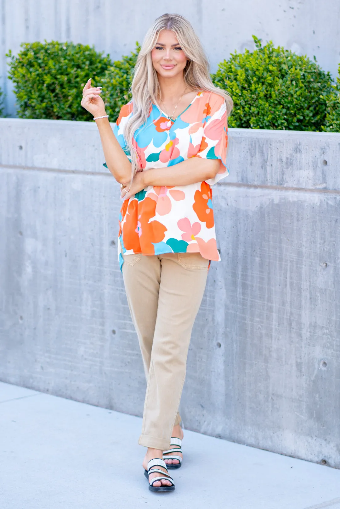 Floral V Neck Slit Side T-Shirt