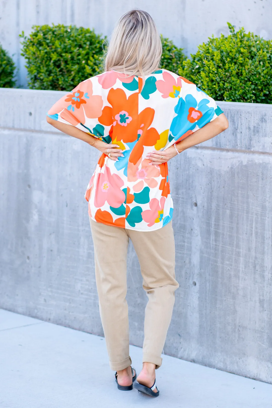 Floral V Neck Slit Side T-Shirt