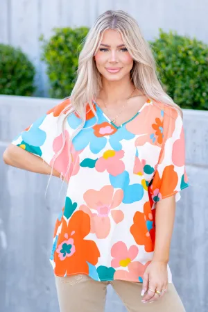 Floral V Neck Slit Side T-Shirt