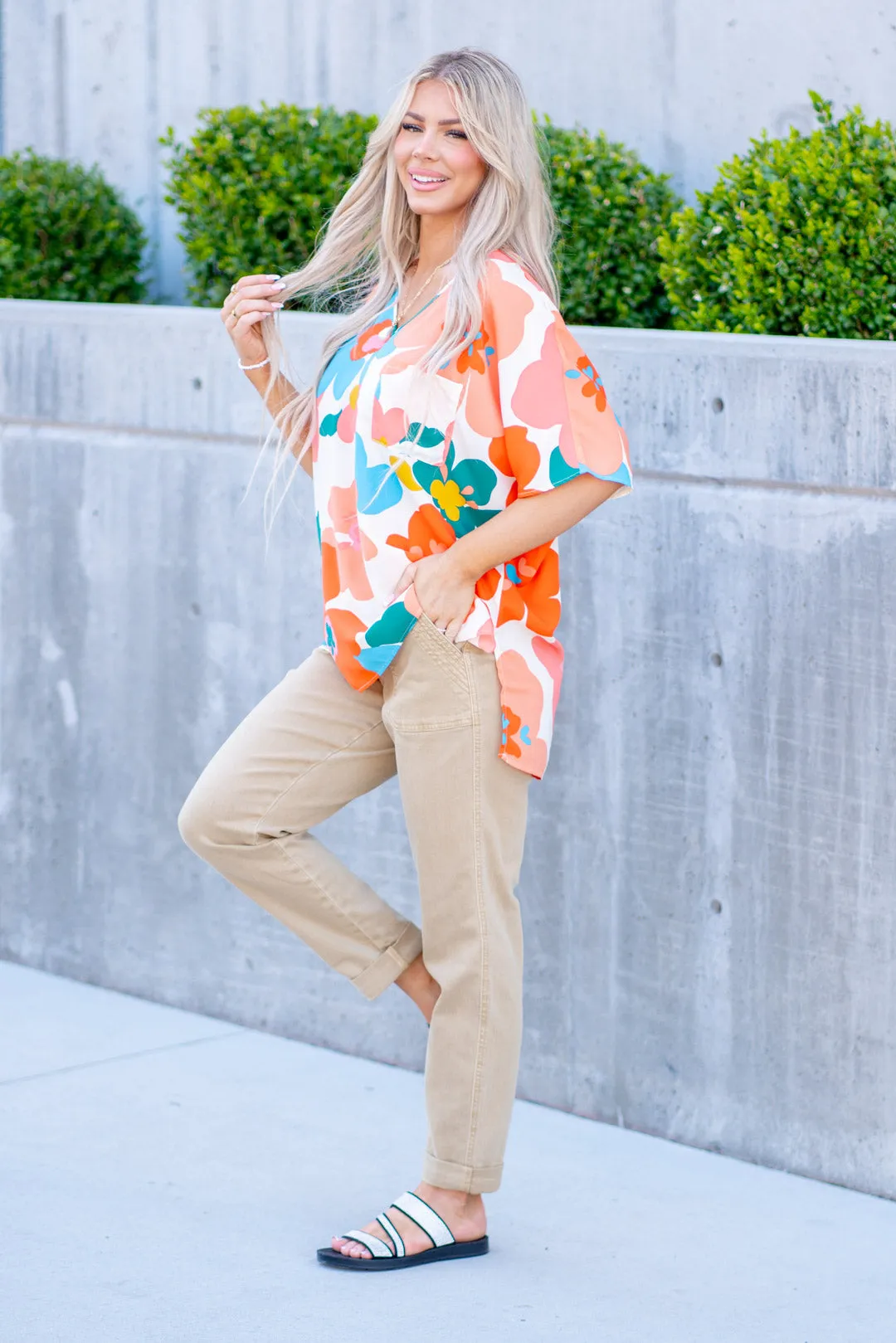 Floral V Neck Slit Side T-Shirt