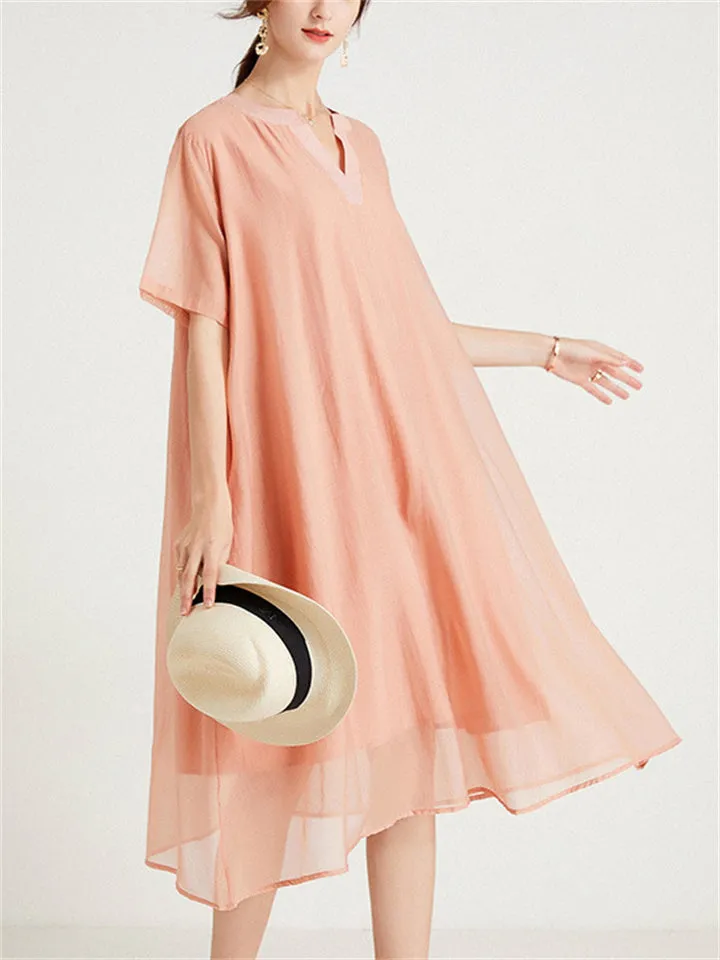 Flowy V Neck Double-Layer Tencel Dress for Women