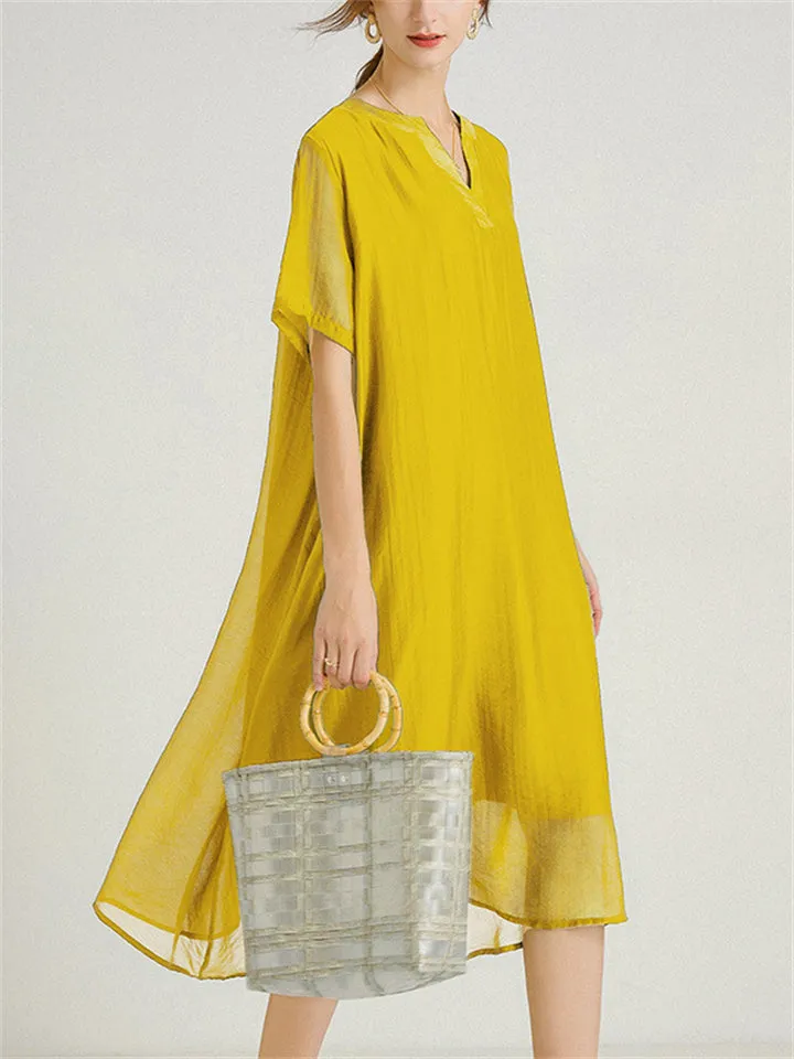 Flowy V Neck Double-Layer Tencel Dress for Women