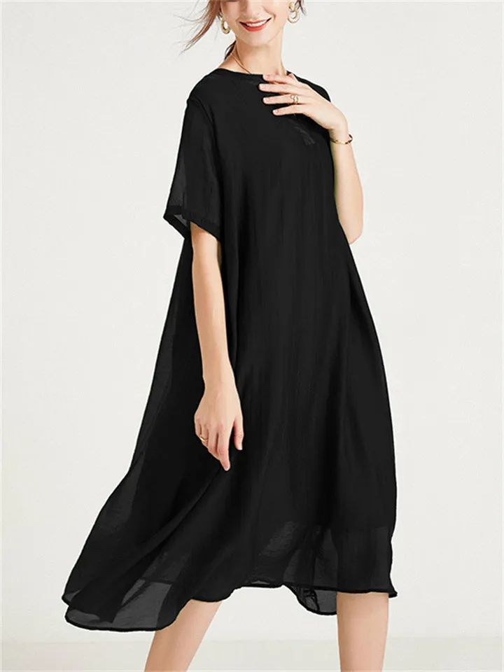 Flowy V Neck Double-Layer Tencel Dress for Women