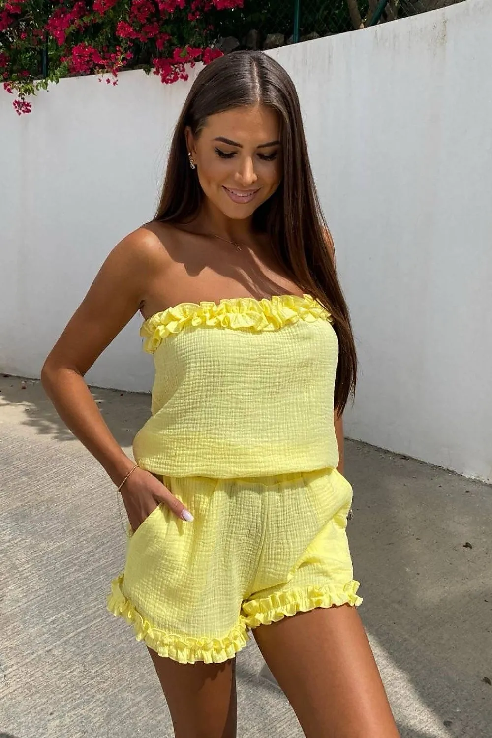 Frilled Neckline Blouse and Shorts Set