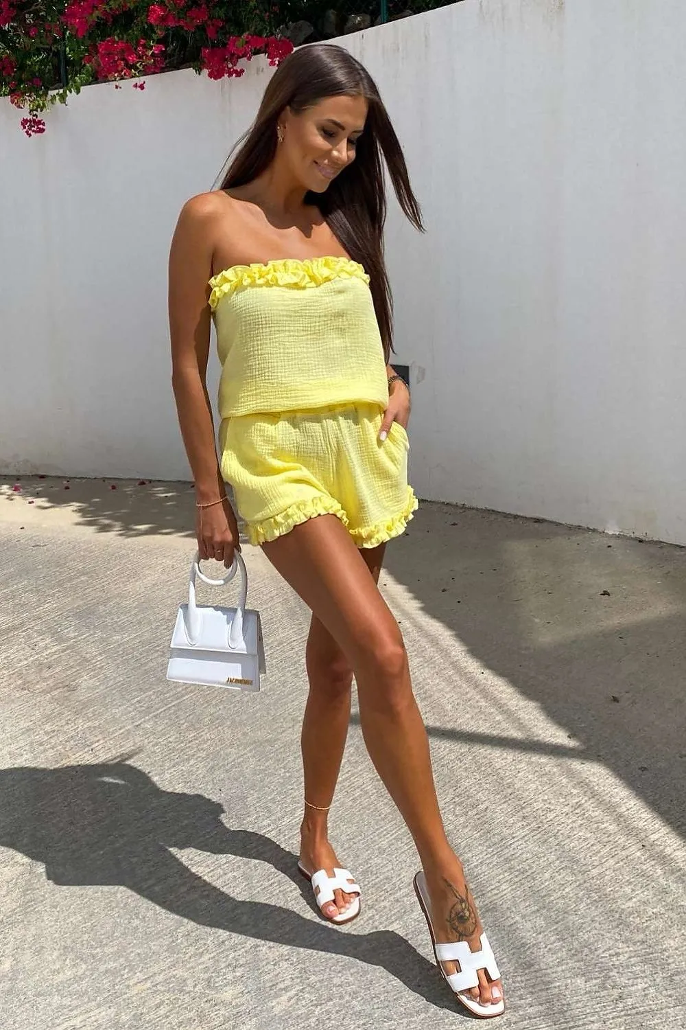 Frilled Neckline Blouse and Shorts Set