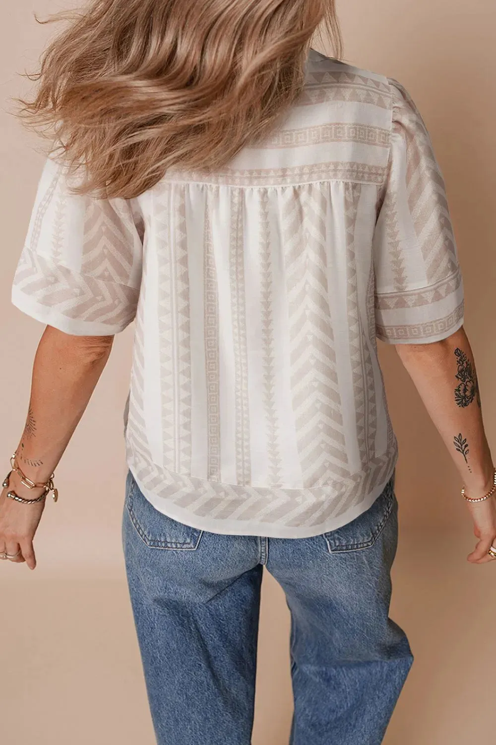 Geometric Jacquard Notched Half Sleeve Blouse