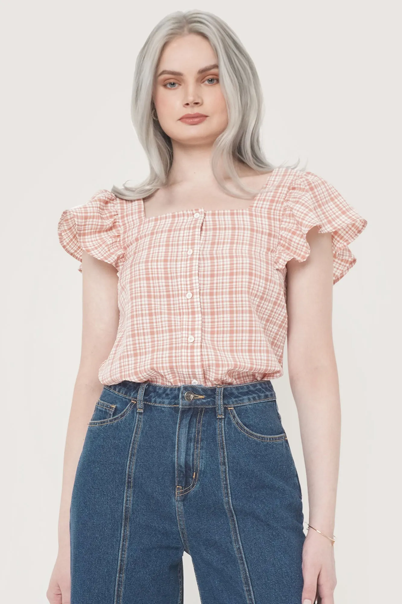 Gingham All Over Print Square Neck Ruffle Sleeve Top