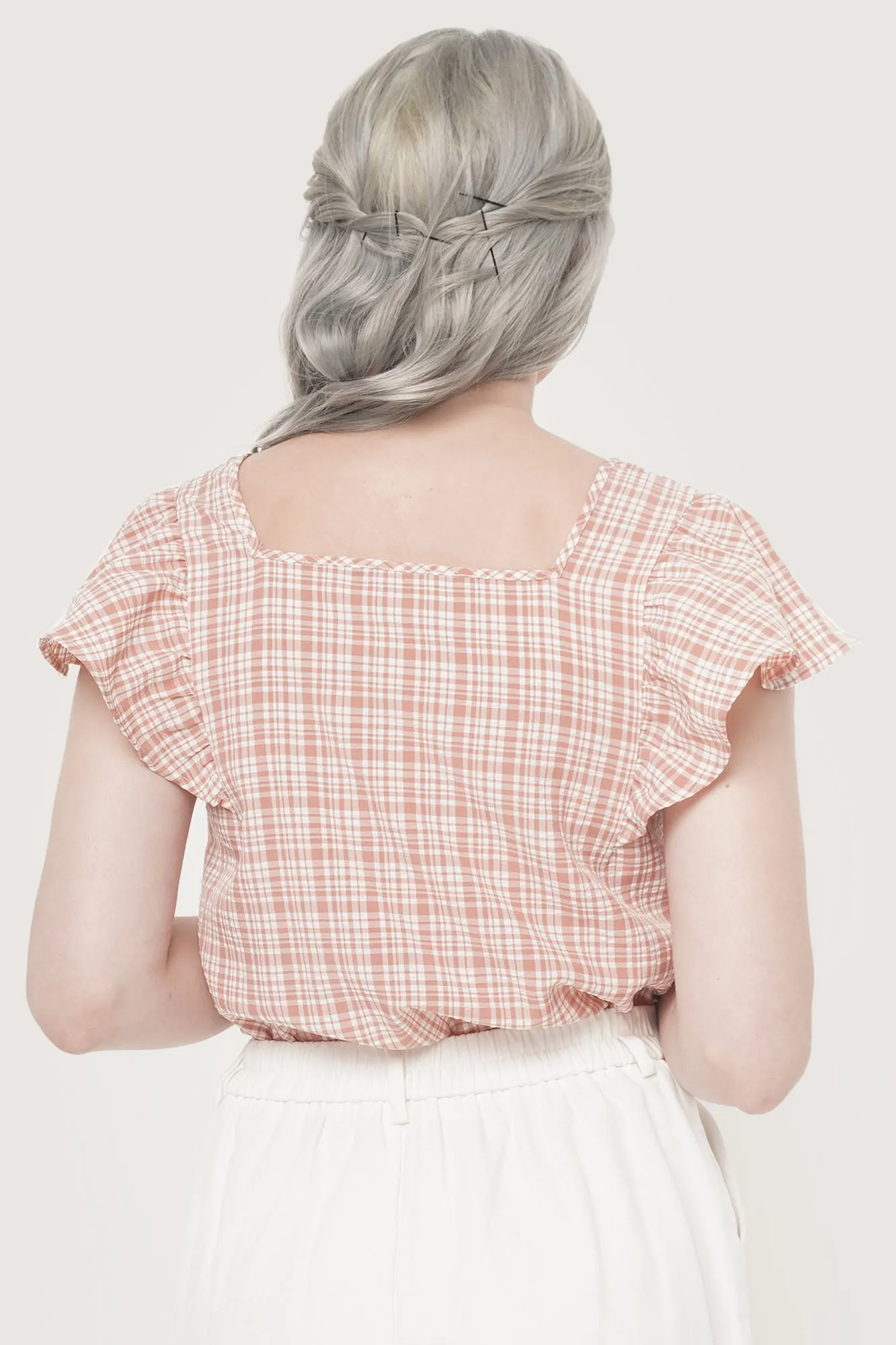 Gingham All Over Print Square Neck Ruffle Sleeve Top