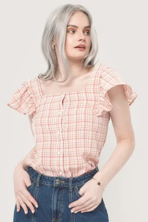 Gingham All Over Print Square Neck Ruffle Sleeve Top