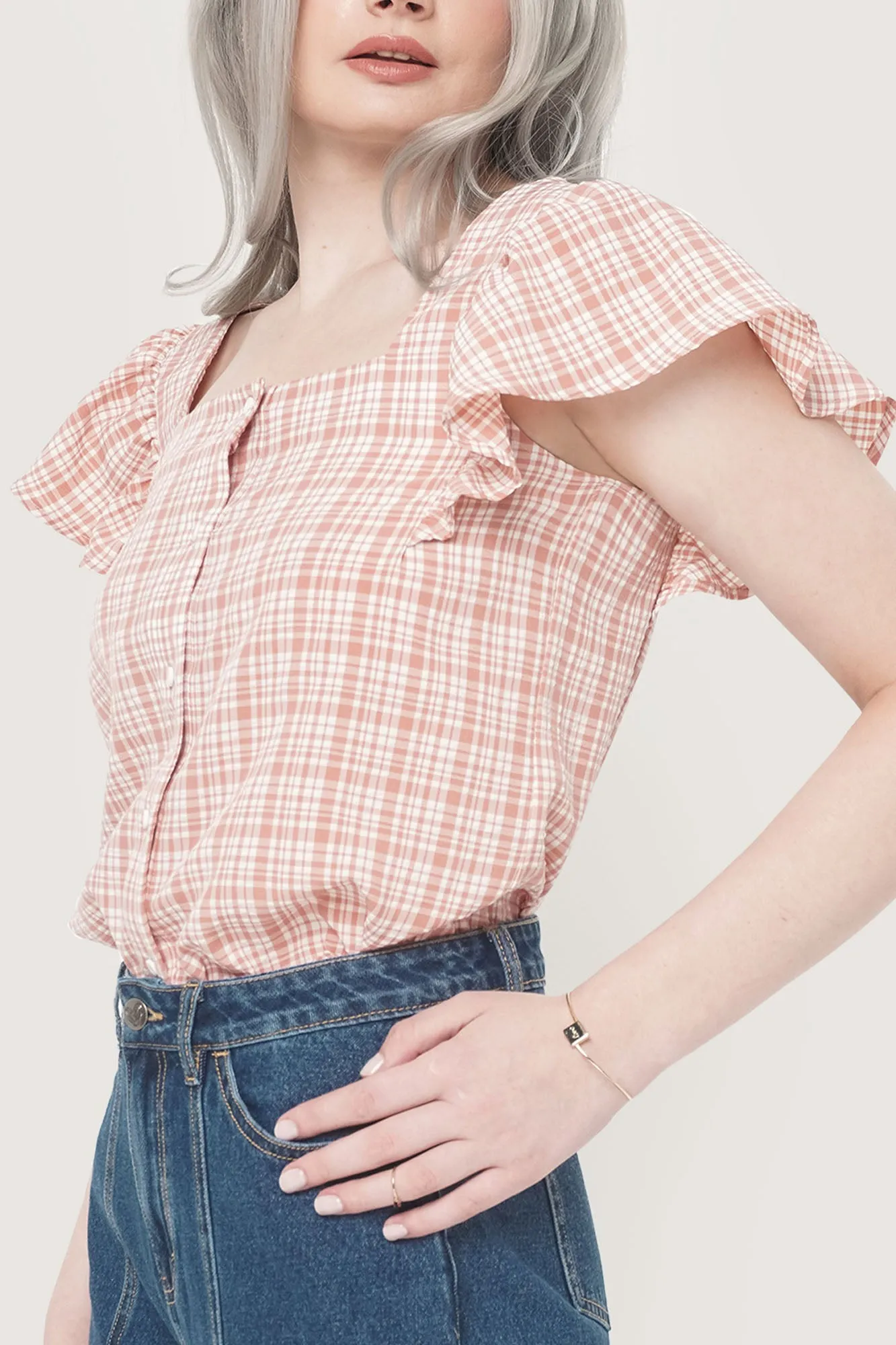 Gingham All Over Print Square Neck Ruffle Sleeve Top