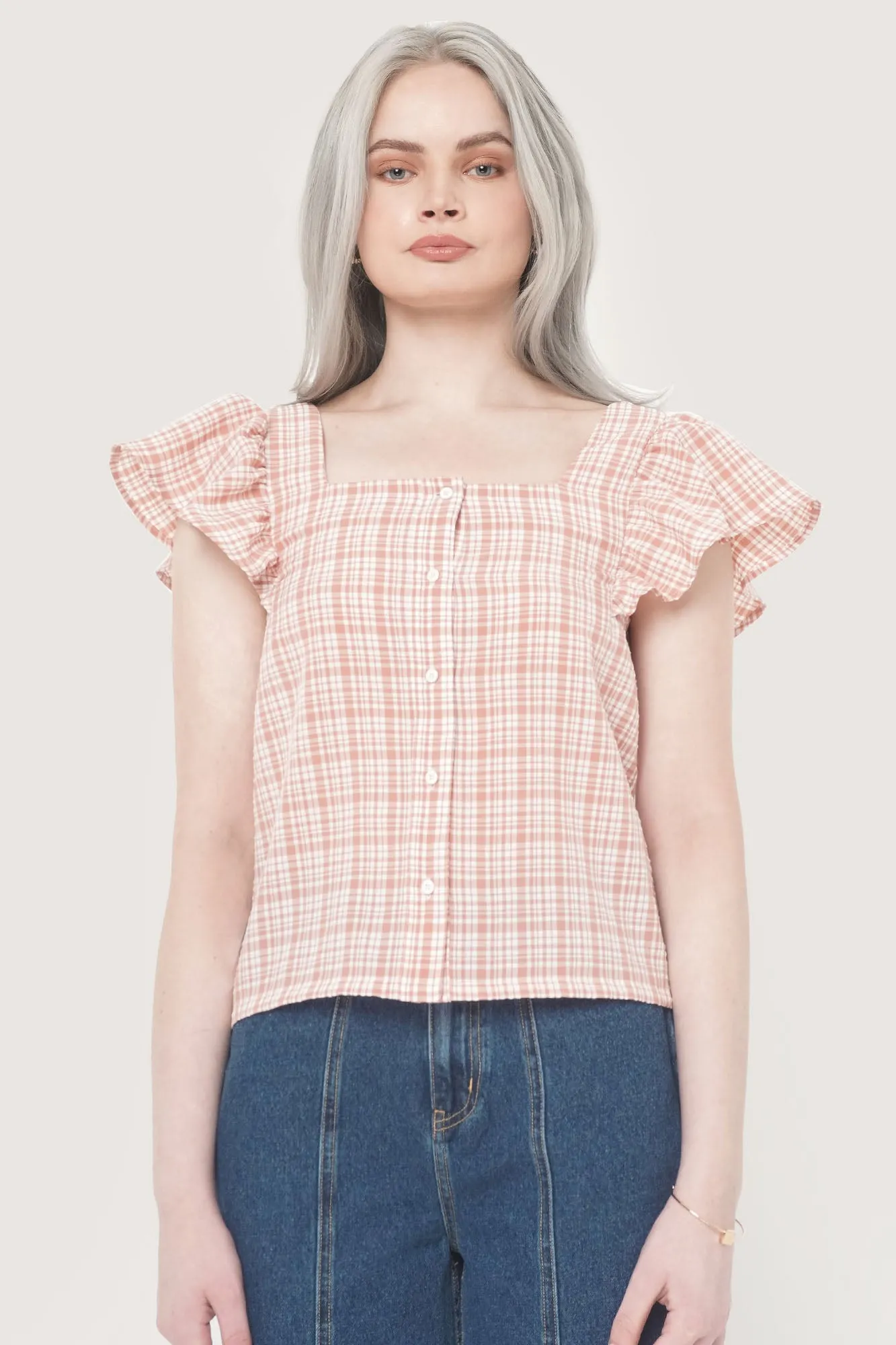 Gingham All Over Print Square Neck Ruffle Sleeve Top