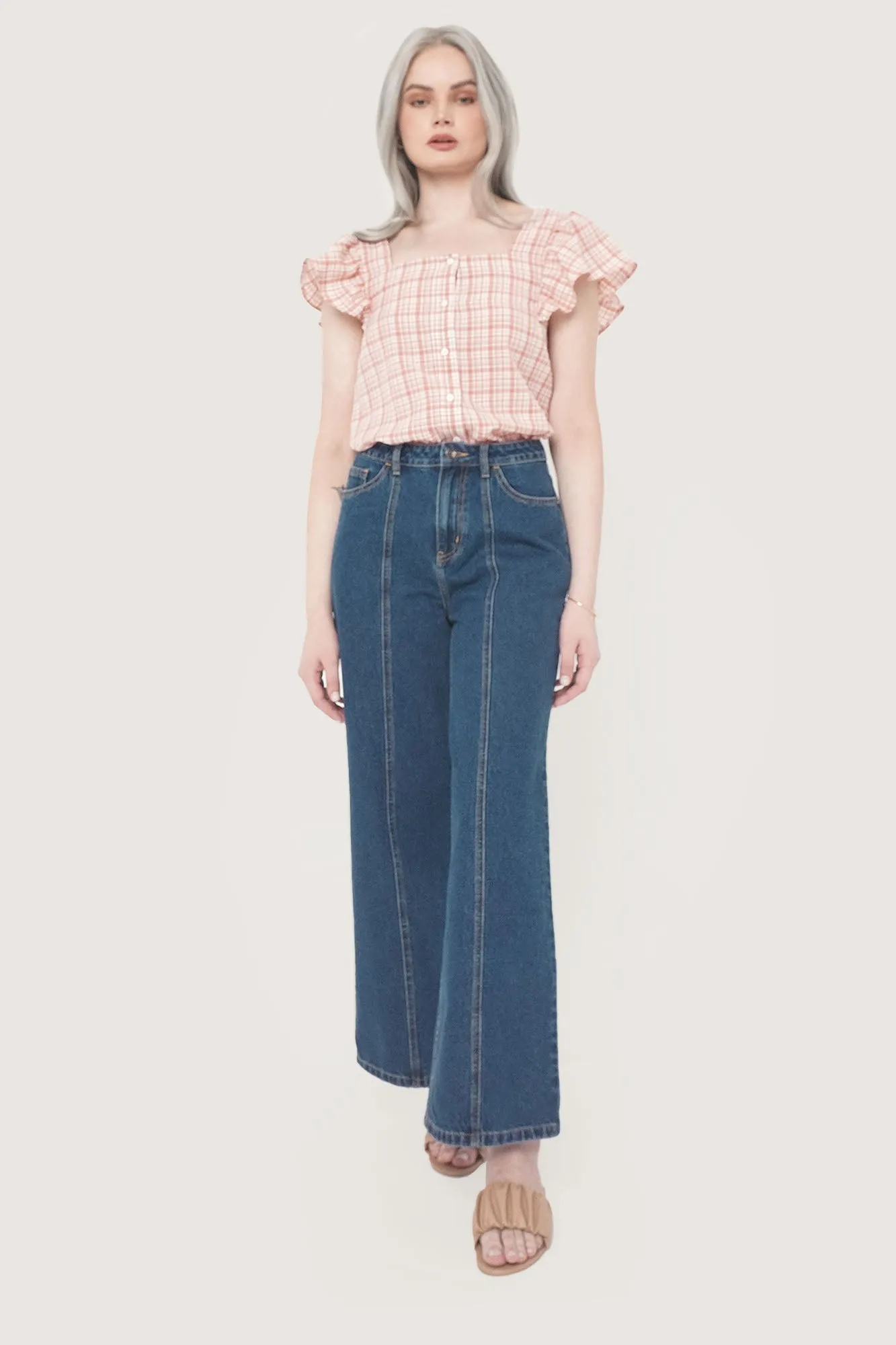 Gingham All Over Print Square Neck Ruffle Sleeve Top