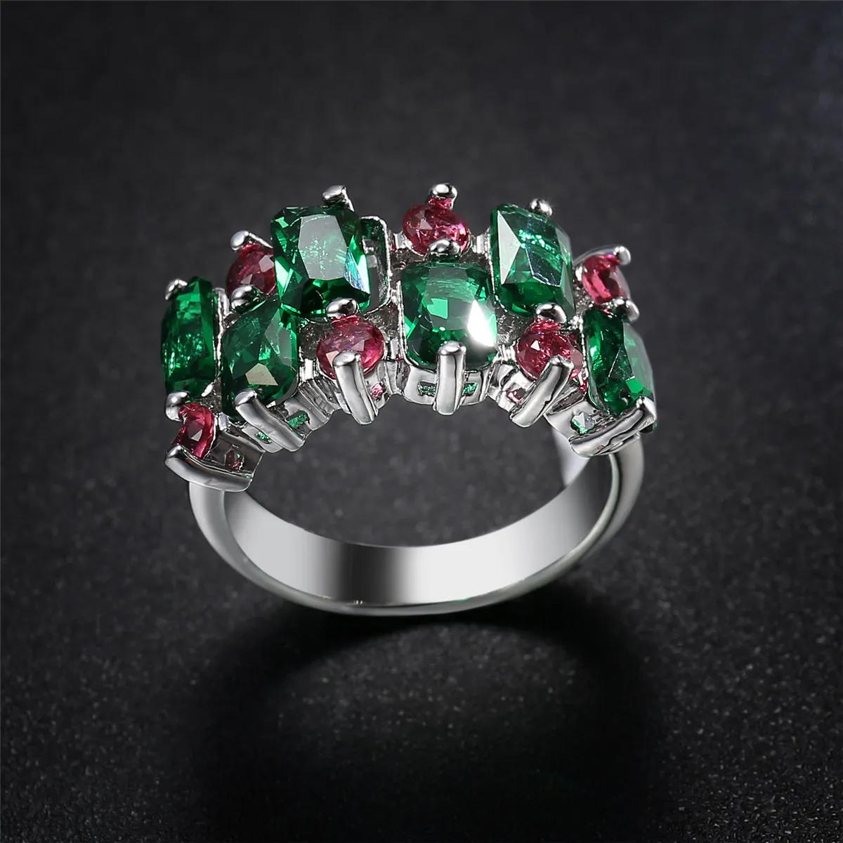 Green & Rose Pink Cubic Zirconia & Crystal Cluster Ring