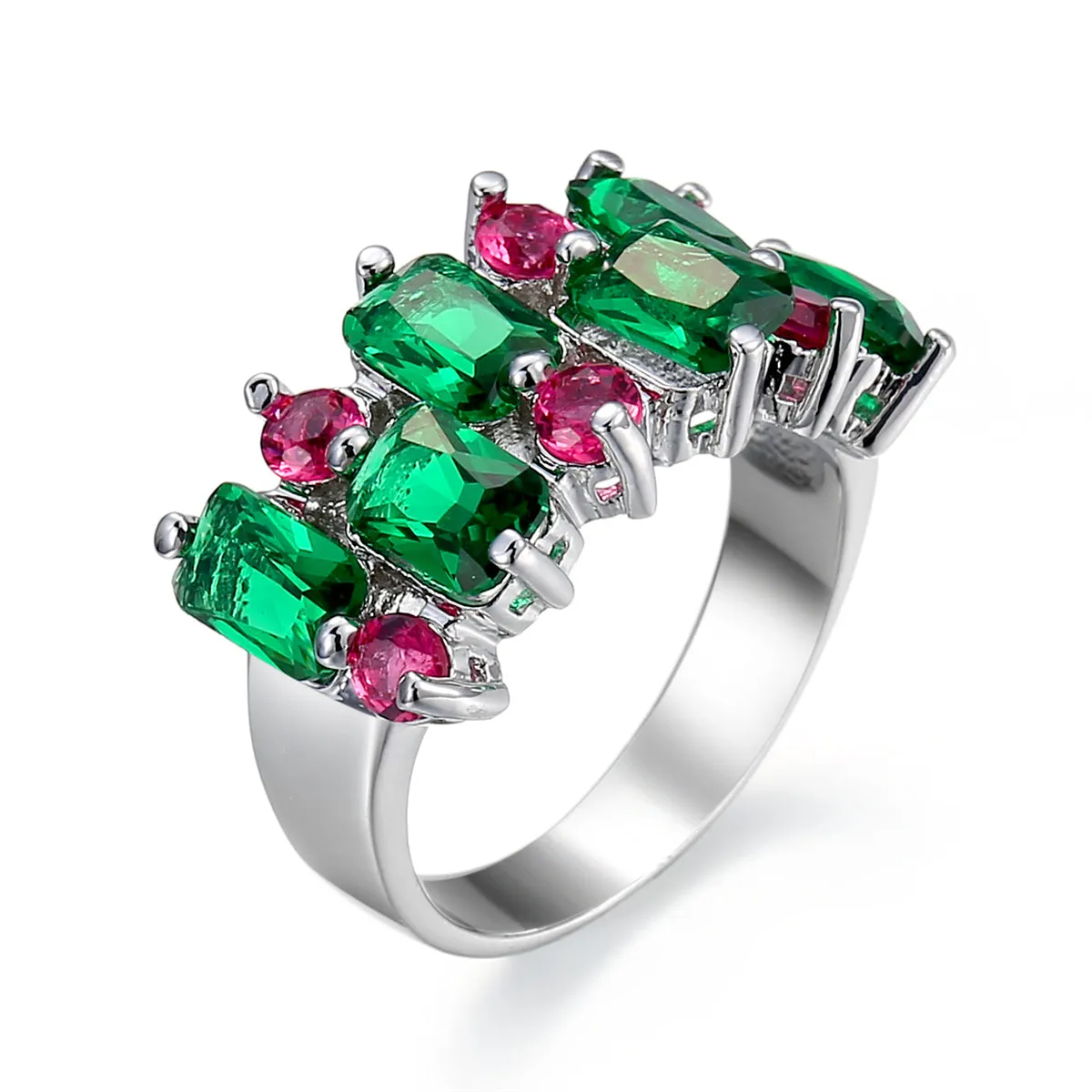 Green & Rose Pink Cubic Zirconia & Crystal Cluster Ring