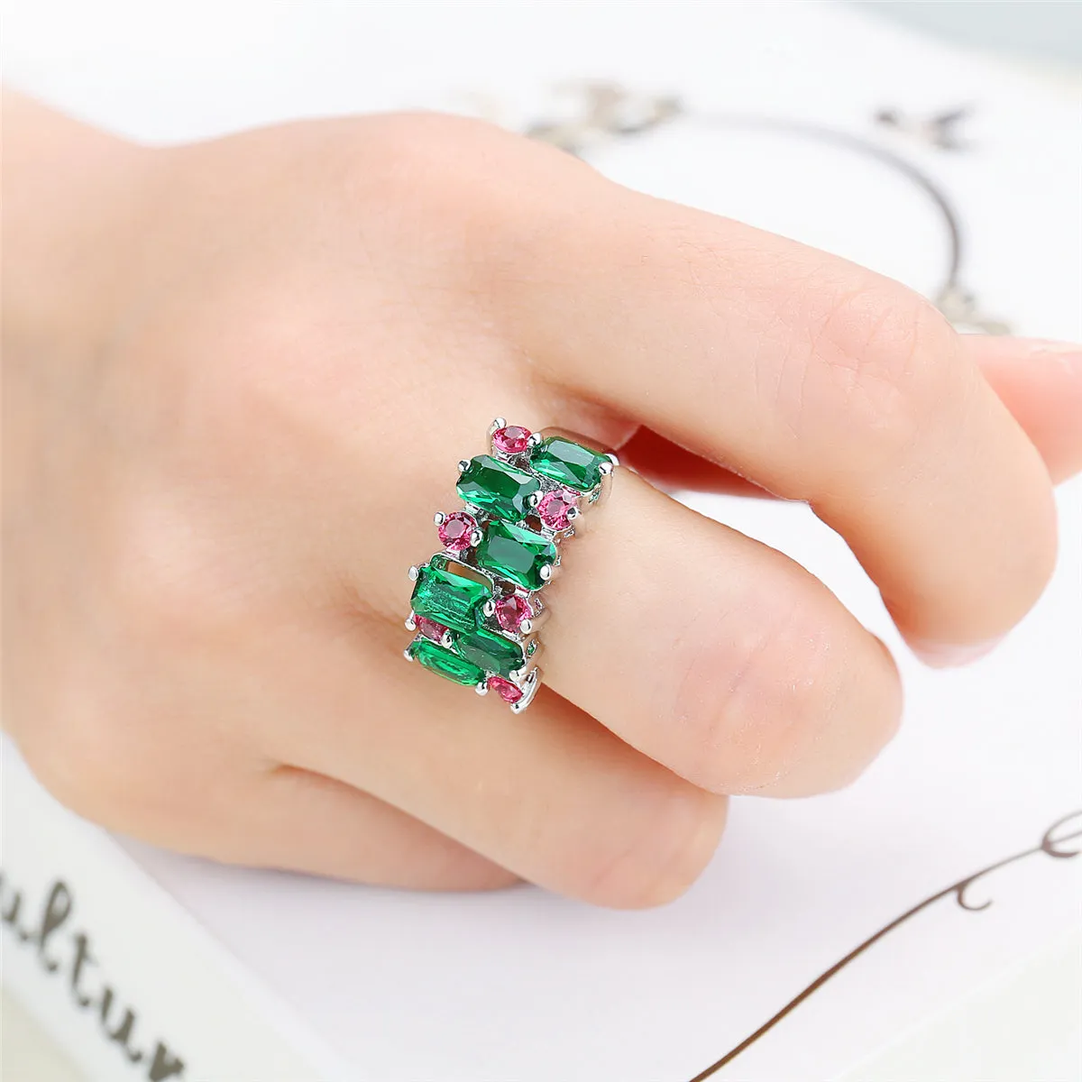 Green & Rose Pink Cubic Zirconia & Crystal Cluster Ring