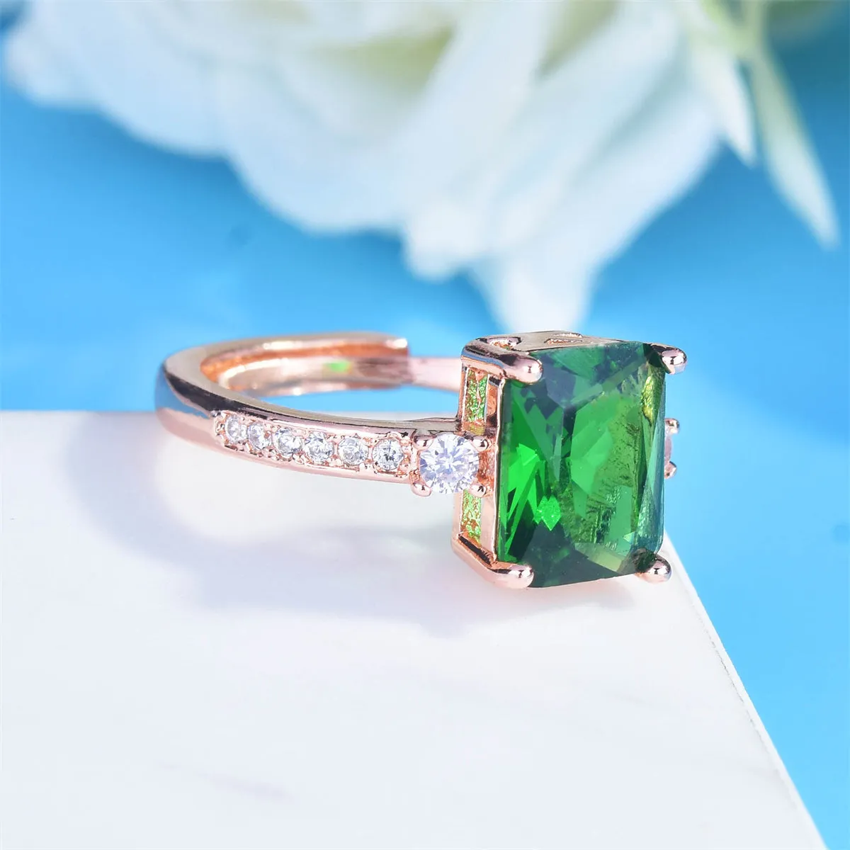 Green Crystal & Cubic Zirconia 18K Rose Gold-Plated Adjustable Ring