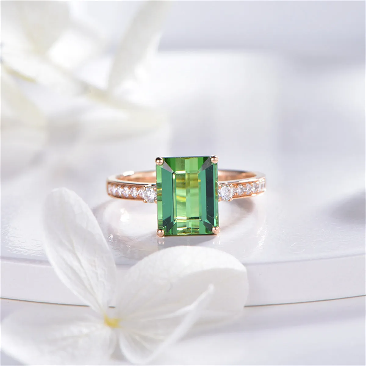 Green Crystal & Cubic Zirconia 18K Rose Gold-Plated Adjustable Ring