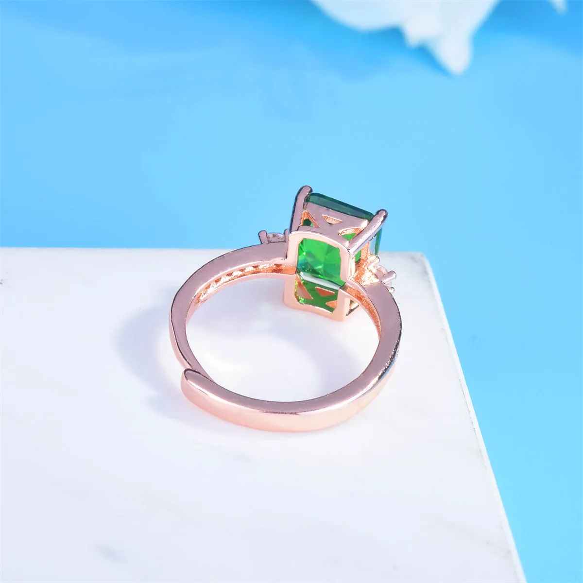 Green Crystal & Cubic Zirconia 18K Rose Gold-Plated Adjustable Ring