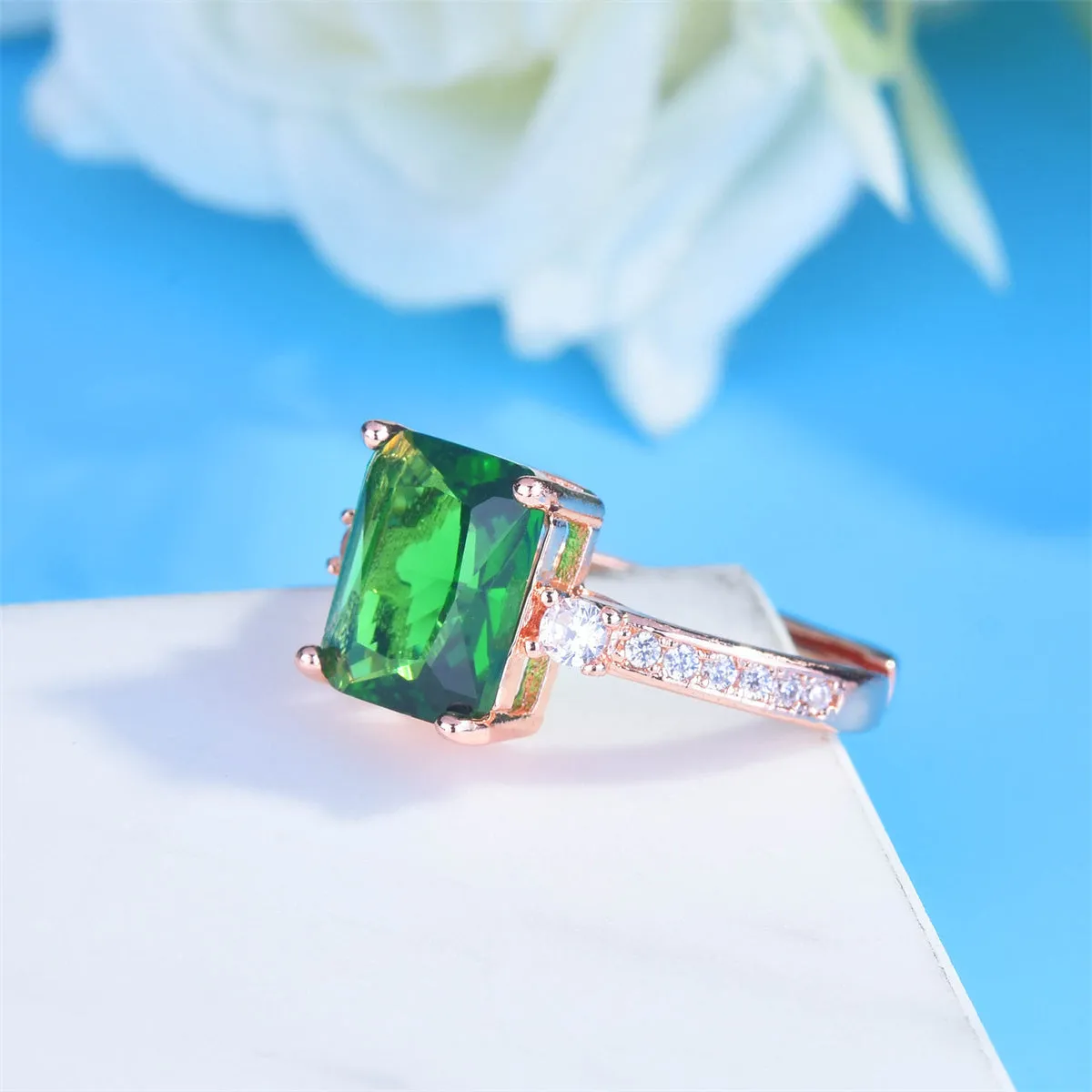 Green Crystal & Cubic Zirconia 18K Rose Gold-Plated Adjustable Ring